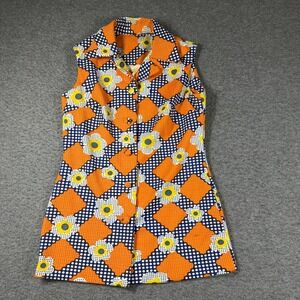 Vintage 60s Button Front Tunic Womens 10/12 Orange Flower Power